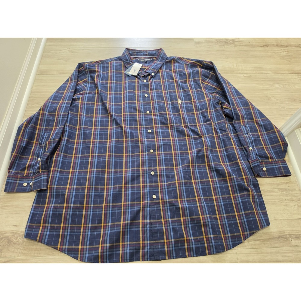 US Polo Assn. 4XL Blue Plaid Button Down Pocket Logo Long Sleeve Shirt